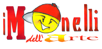 Logo dei Monelli dell'Arte recante la scritta e un logo raffigurante una faccina gialla sorridente con un berretto rosso al posto della 